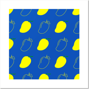 Yellow Ripe Mangoes Pattern in Sapphire Blue Background Posters and Art